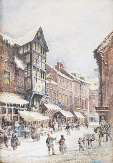 Emily Hay (1850-1900), ‘Butcher's Row, Shrewsbury 1883’, unsigned, inscribed in ink verso, watercolour heightened with white, 23 x 16cm, ornate gilt frame